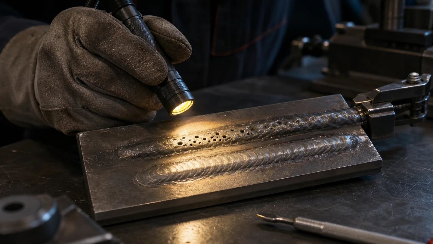 Editorial image of a gloved inspection of porosity in a weld coupon