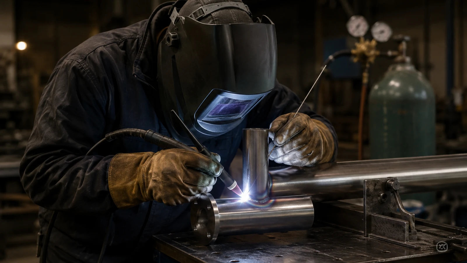 Protected welder performing TIG welding on a clamped stainless steel workpiece