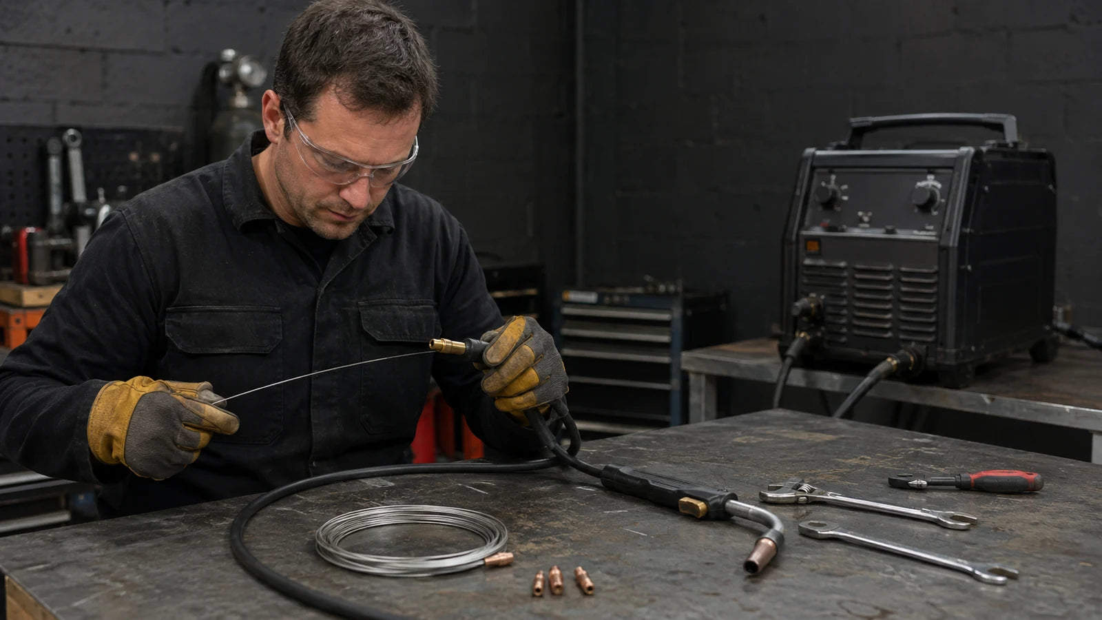 Technician servicing a disconnected MIG torch liner at a workshop bench