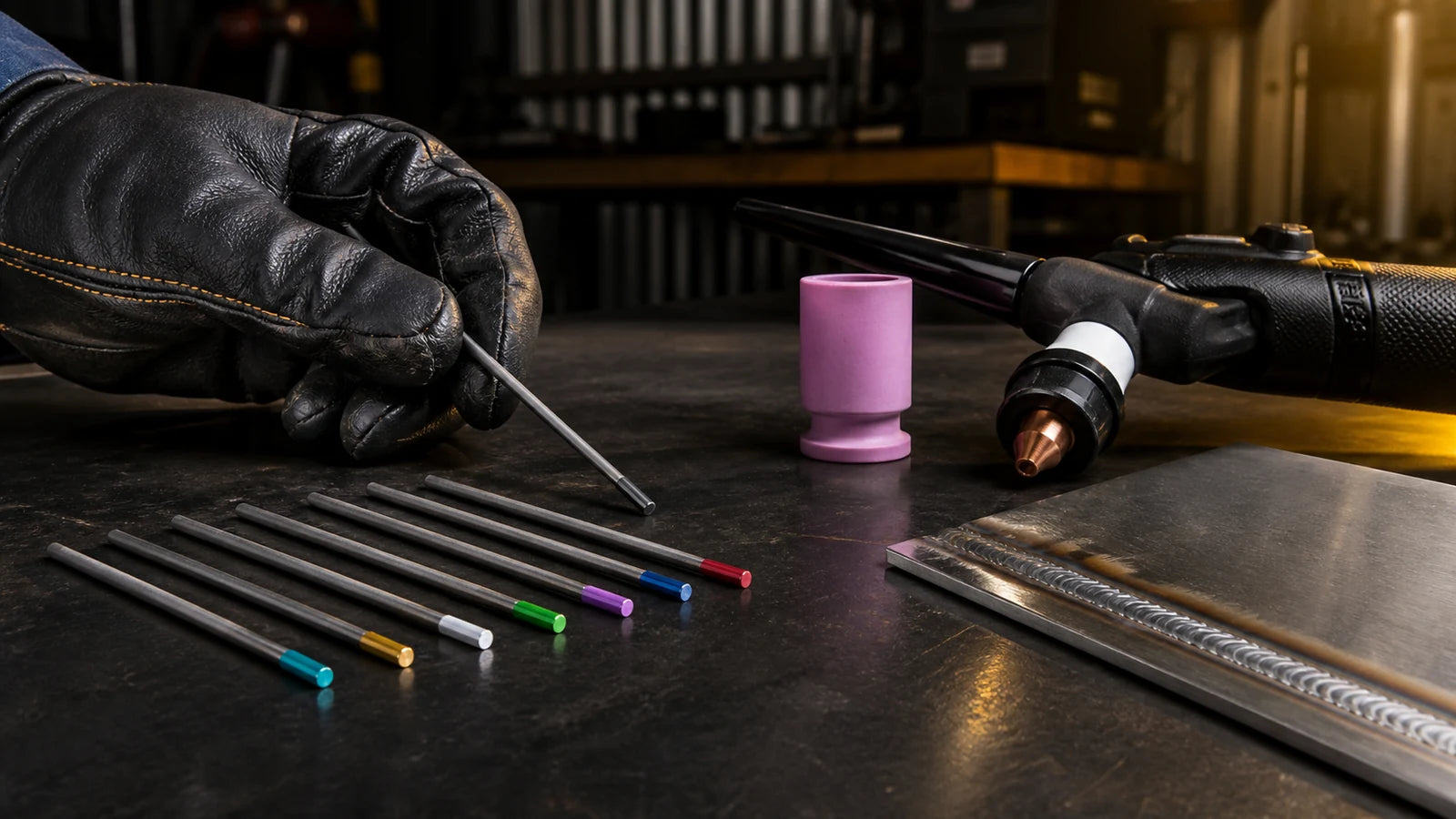 Colour-coded TIG tungsten electrodes arranged beside a TIG torch