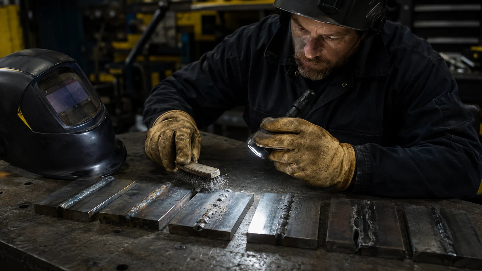 Gloved technician inspecting weld coupons for common defects