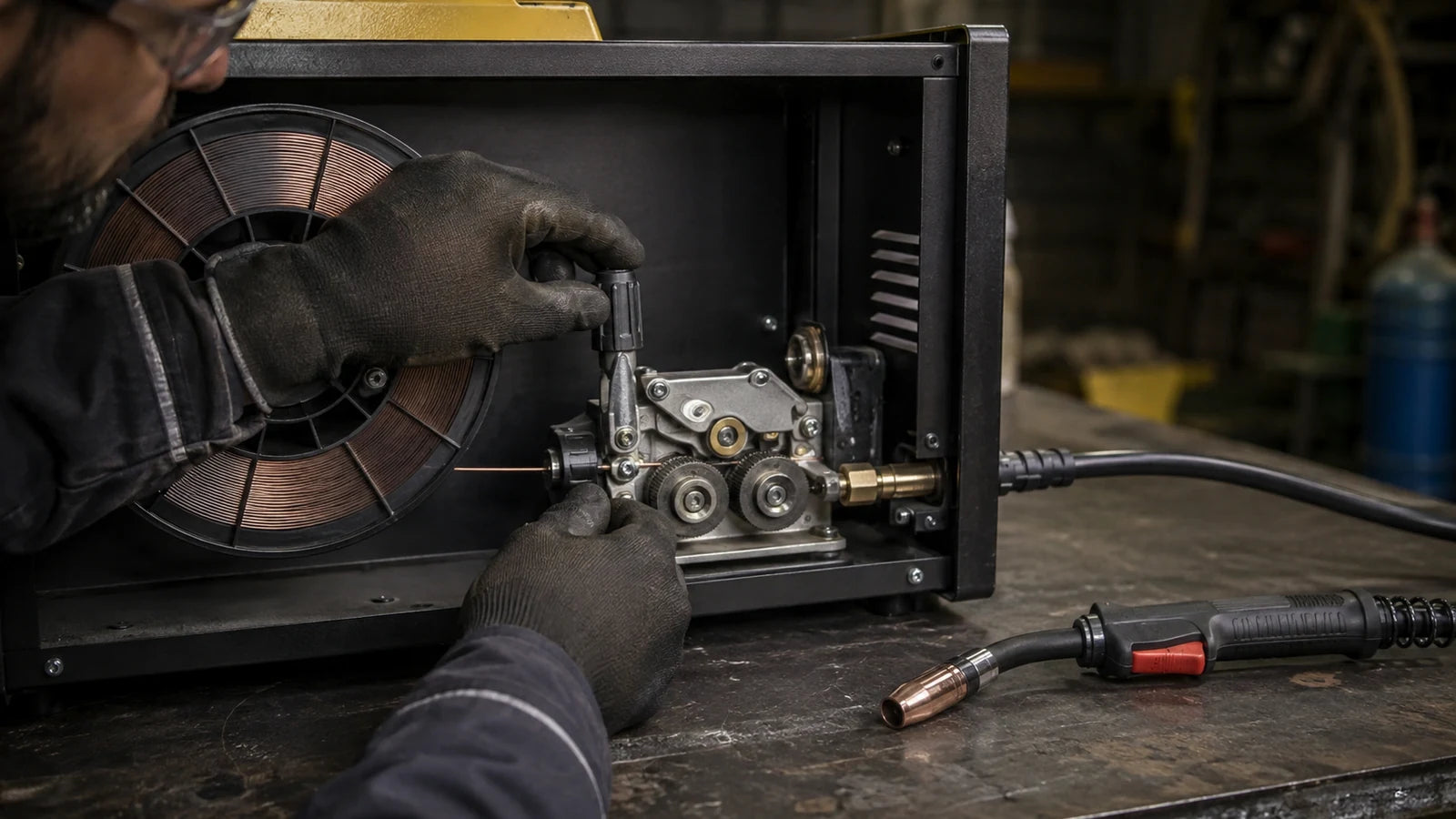 Technician inspecting a MIG welder spool and wire-feed mechanism