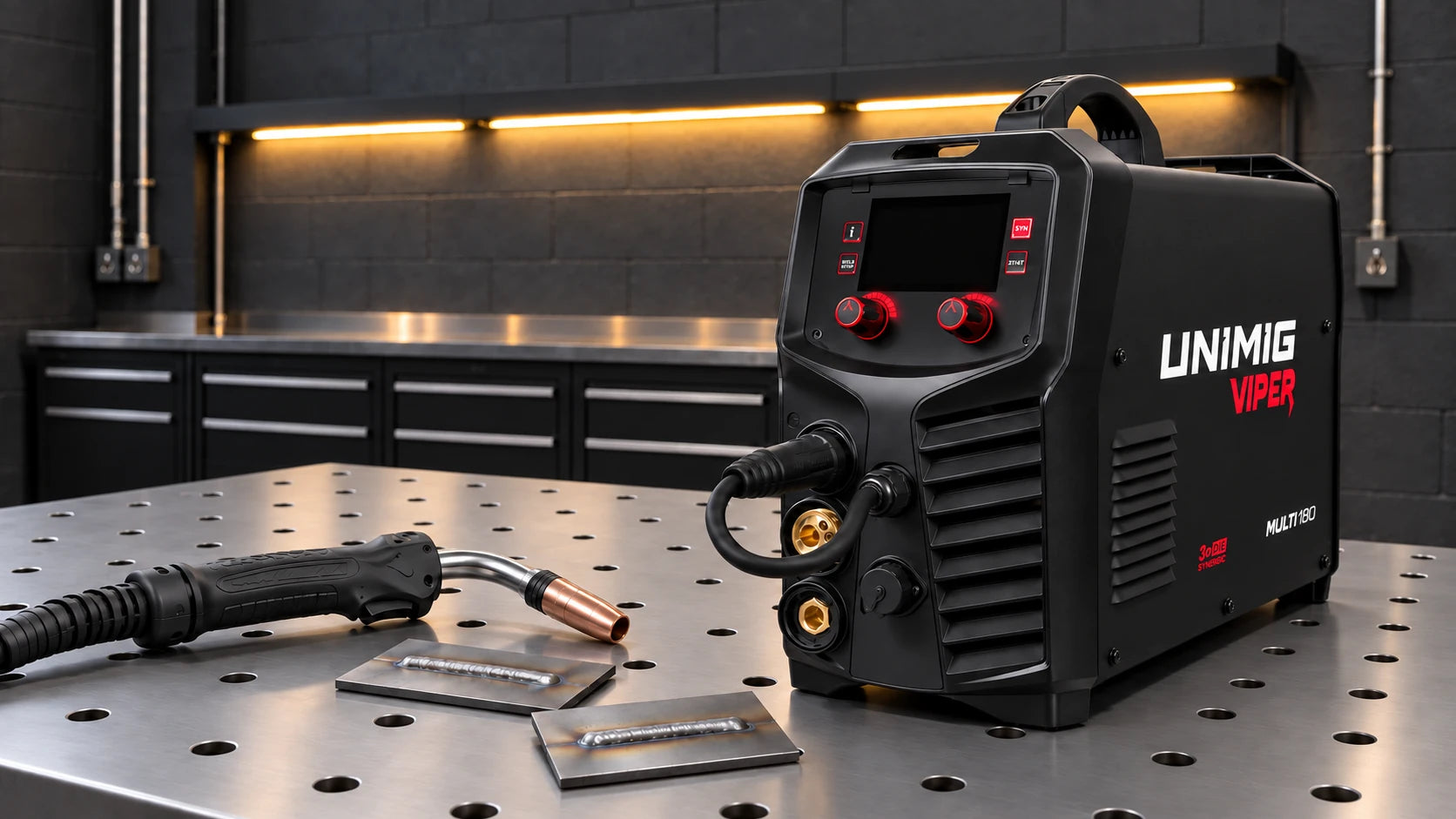 UNIMIG VIPER MULTI 180 beside welding practice samples