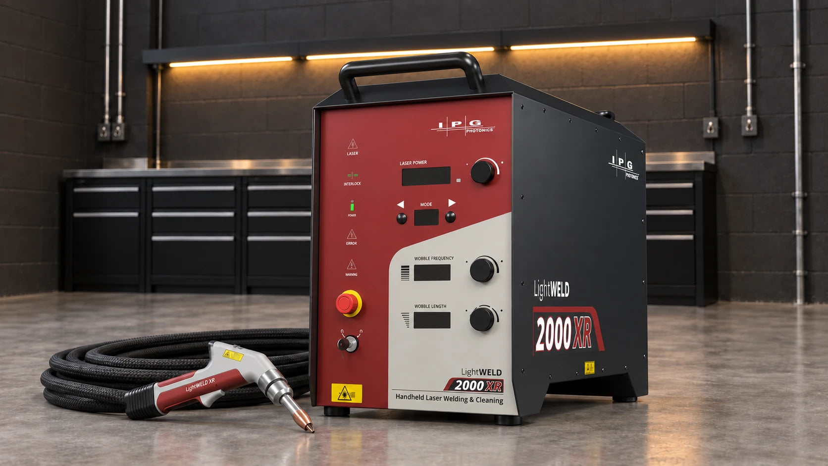 IPG LightWELD 2000 XR premium handheld laser welder displayed in a clear workshop bay