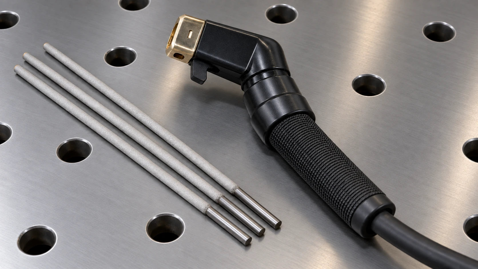 Stick welding electrode holder and coated electrodes on a bench