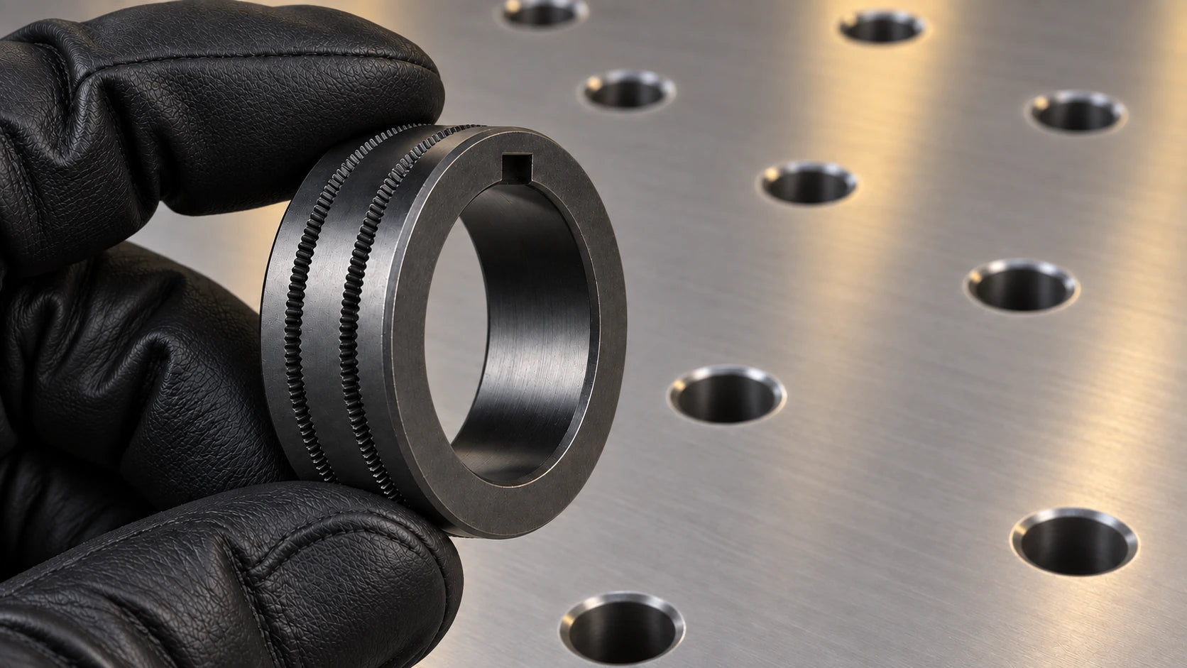 Gloved hand inspecting a grooved MIG wire drive roller
