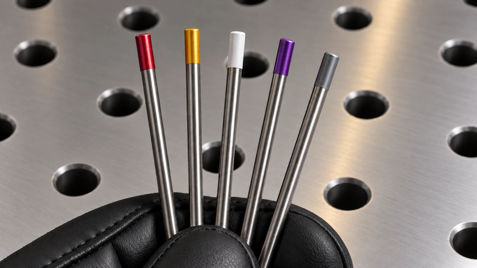 Colour-coded TIG tungsten electrodes displayed for comparison