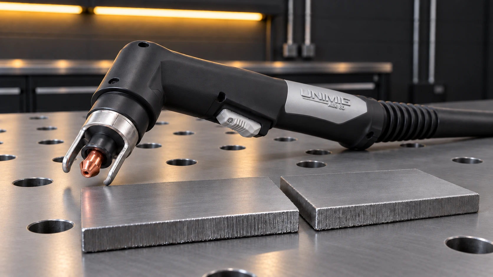 Plasma torch resting beside two cut steel samples