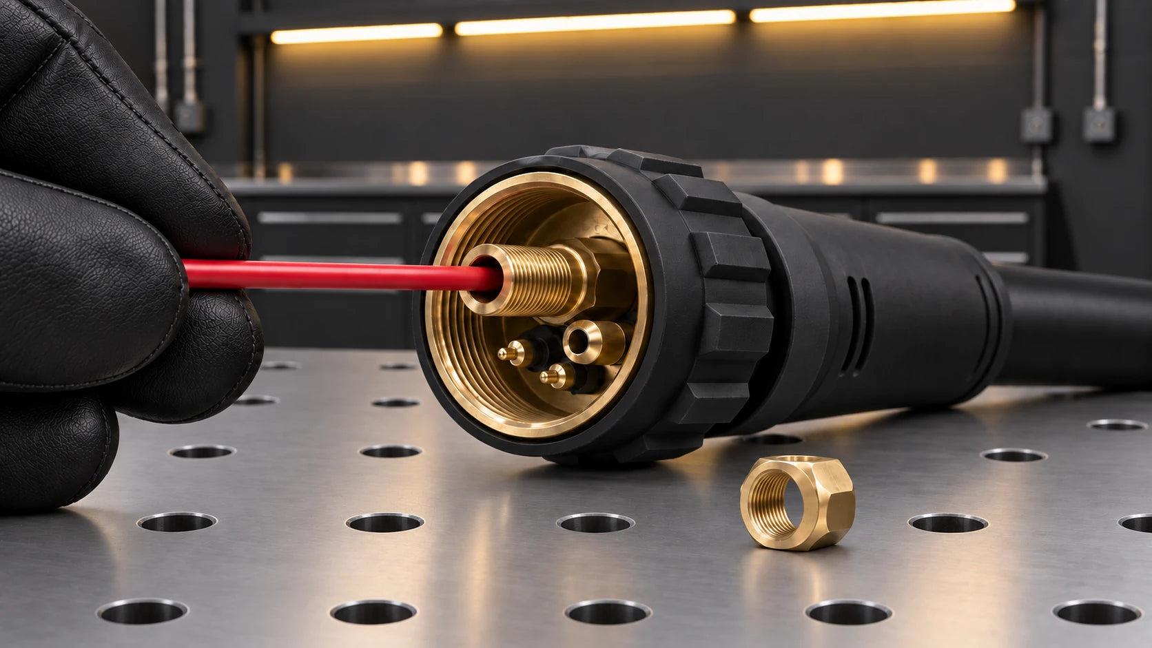 Gloved hand inserting a liner into a disconnected MIG torch connector