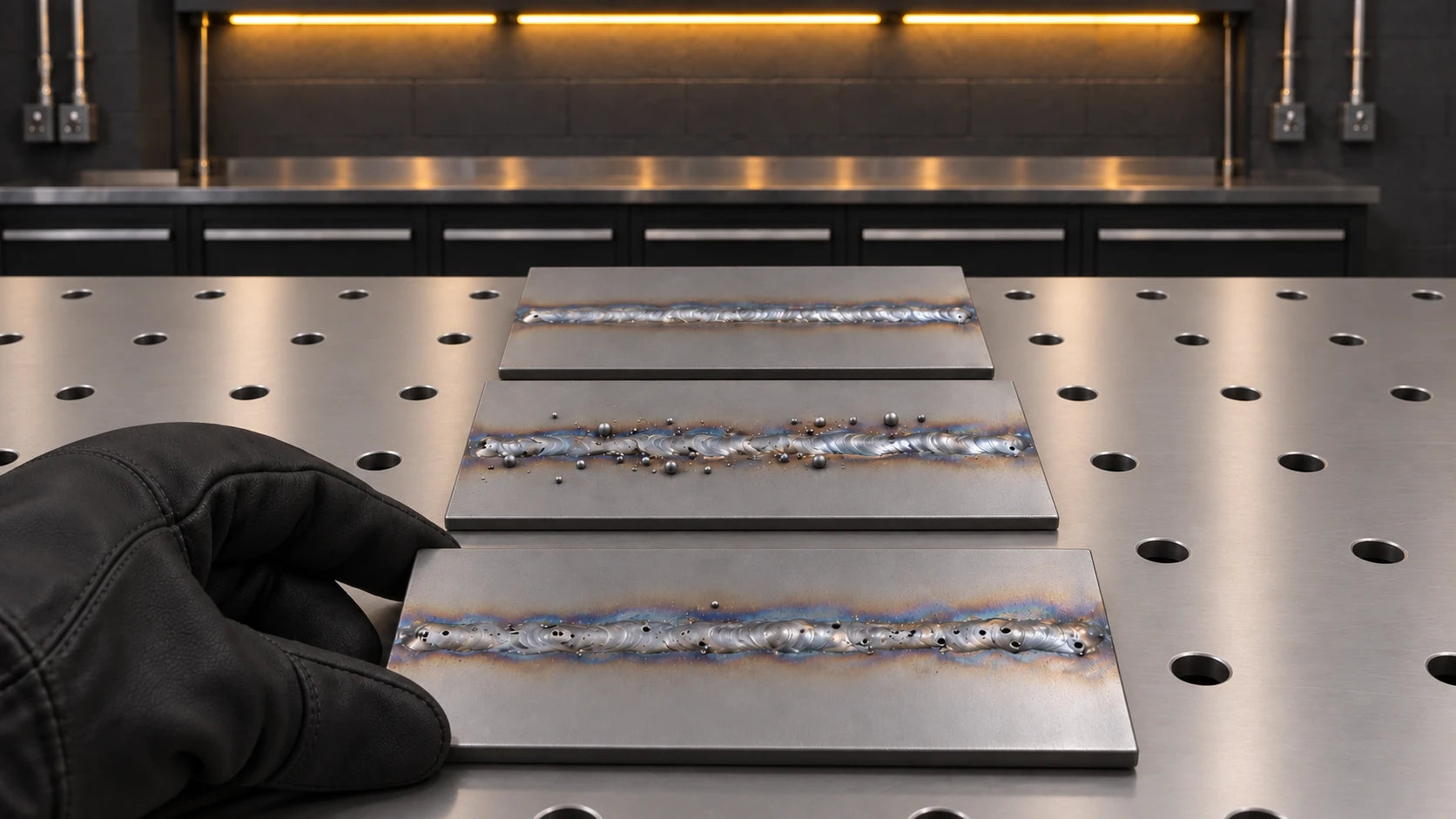 Gloved hand inspecting welding practice samples with surface pores and spatter