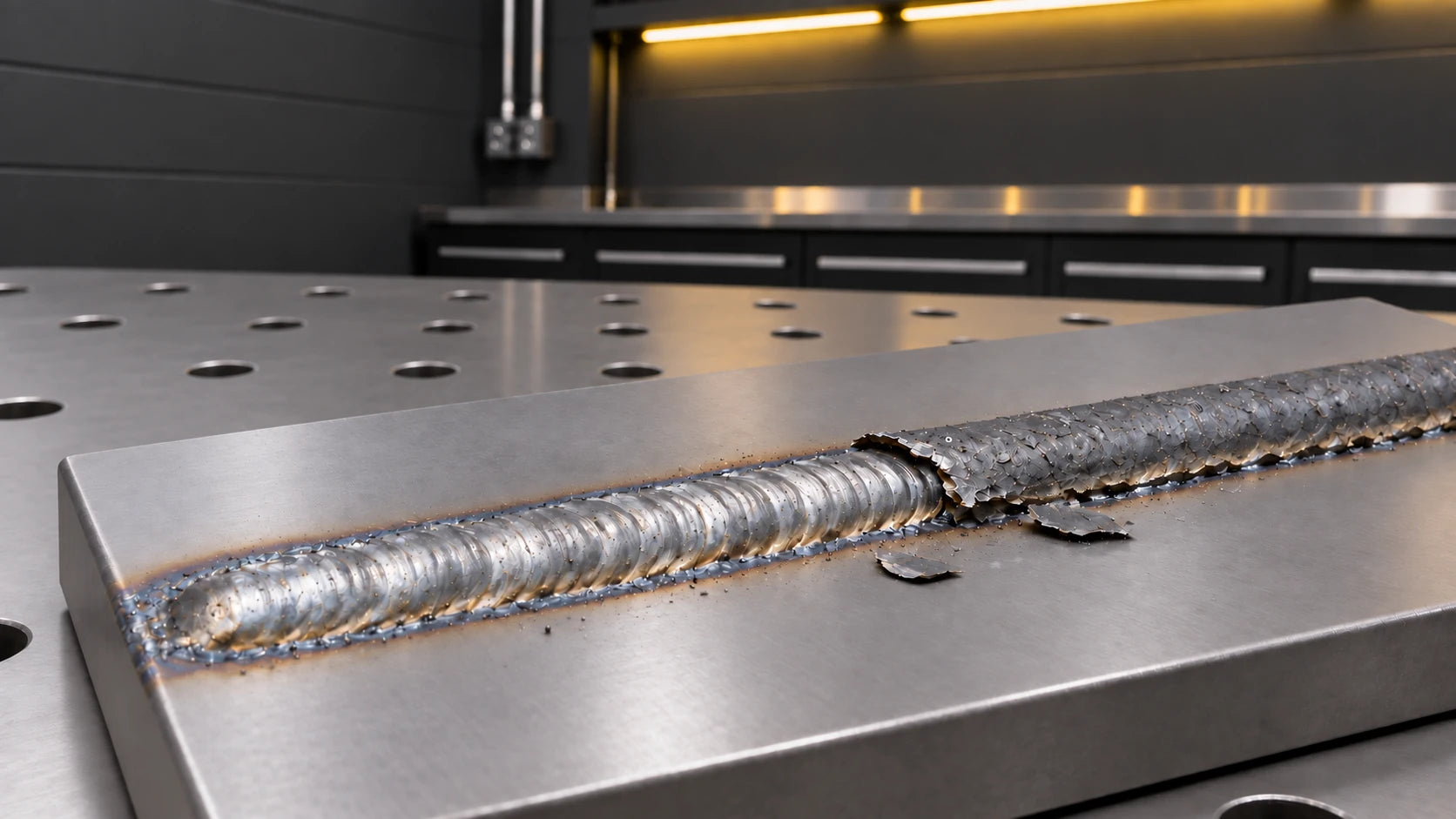 Close view of a stick weld bead with part of its slag removed